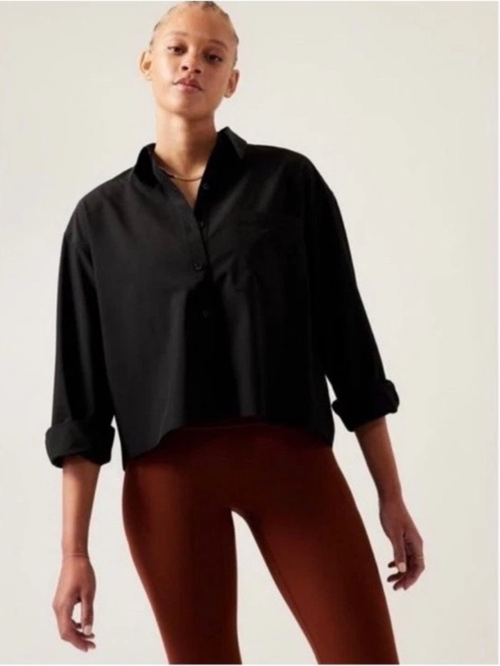 Athleta Cropped Stretch Tech Top Women's Size XS Black Button Down Long Sleeves